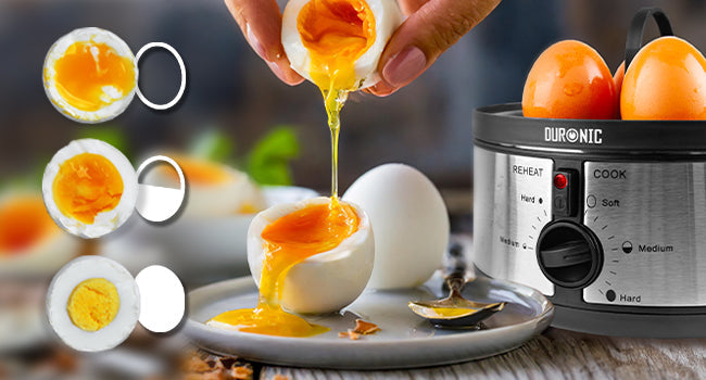 Front view of the Duronic EB35 electric egg boiler, making soft boiled eggs with delicious runny yolk oozing
