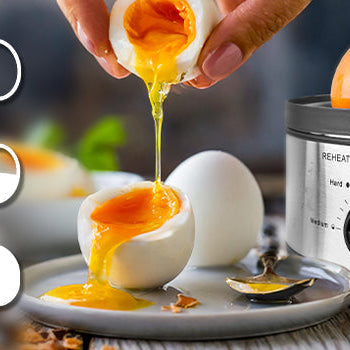 Front view of the Duronic EB35 electric egg boiler, making soft boiled eggs with delicious runny yolk oozing
