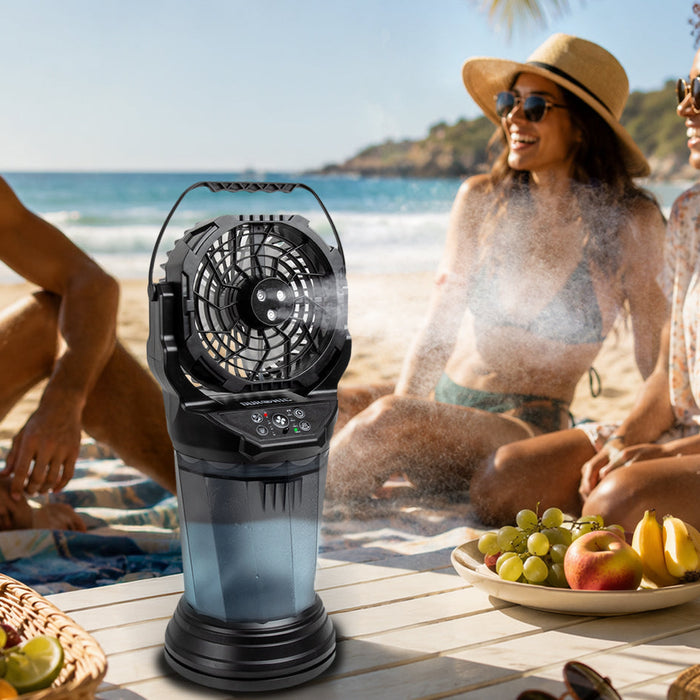 Duronic FM6 mist fan cooling friends on a hot summer day at the beach