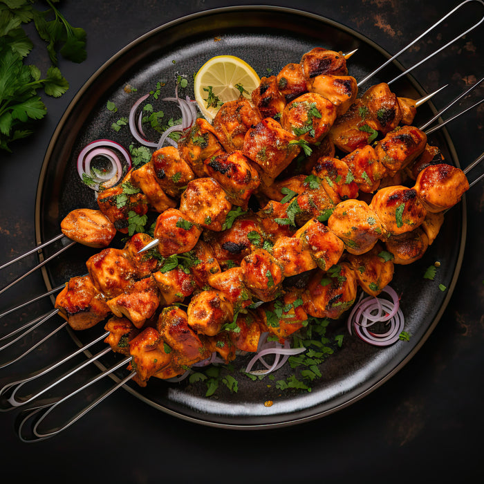 Chicken tikka skewers made using a dual air fryer