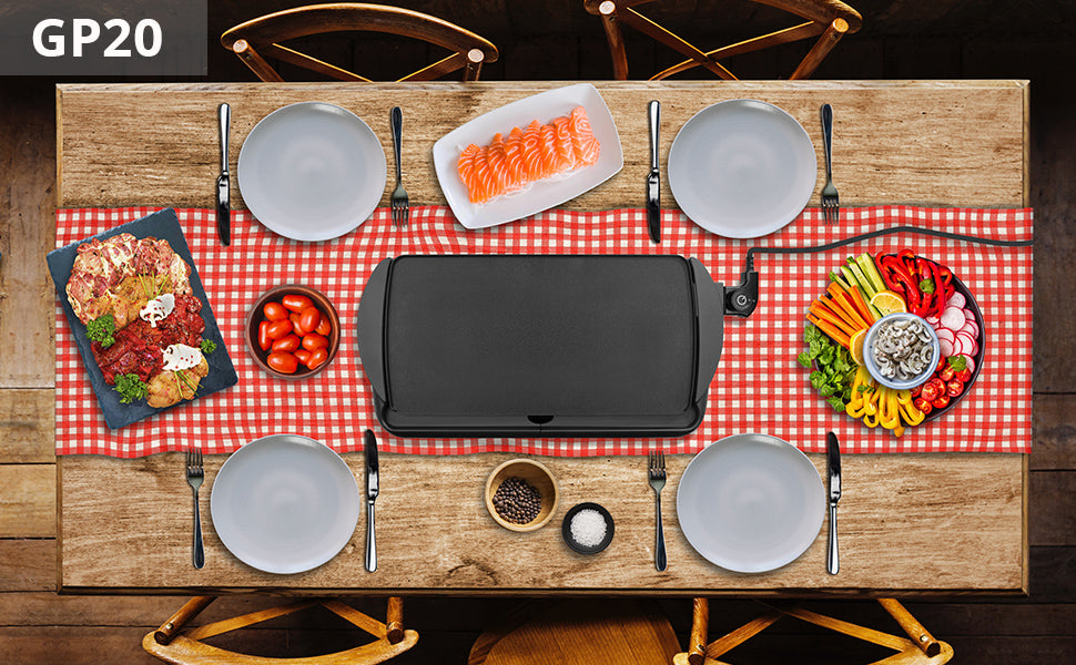 Duronic GP20 electric teppanyaki grill on table surrounded by food