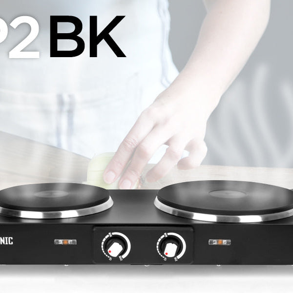 Duronic HP2 BK twin hot plate ready to cook food shown in background
