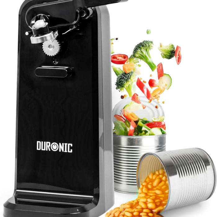 Duronic CO40 BK electric can opener alongside can of beans and vegetables