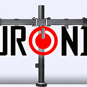 Duronic dual monitor desk mount holding two computer screens in a home office setup
