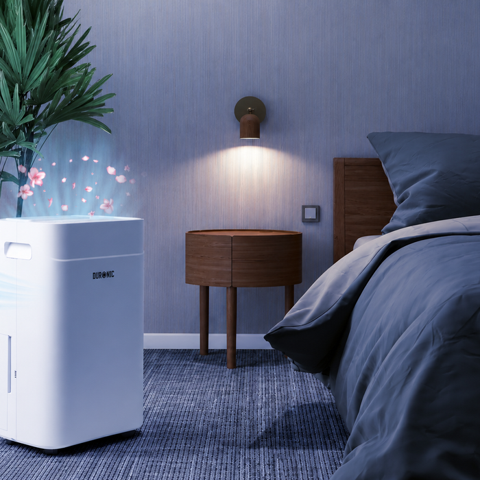 Duronic DH201 dehumidifier placed in use in an aesthetic bedroom setting