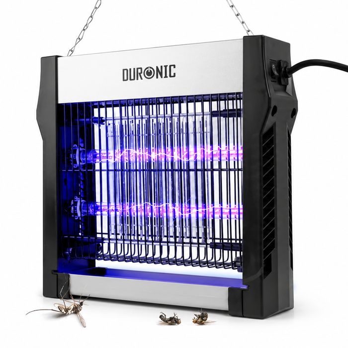 Duronic FK2X4 electric fly killer shown in use with zapped insects as an example