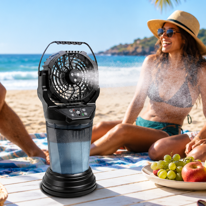Duronic FM6 mist fan cooling friends on a hot summer day at the beach