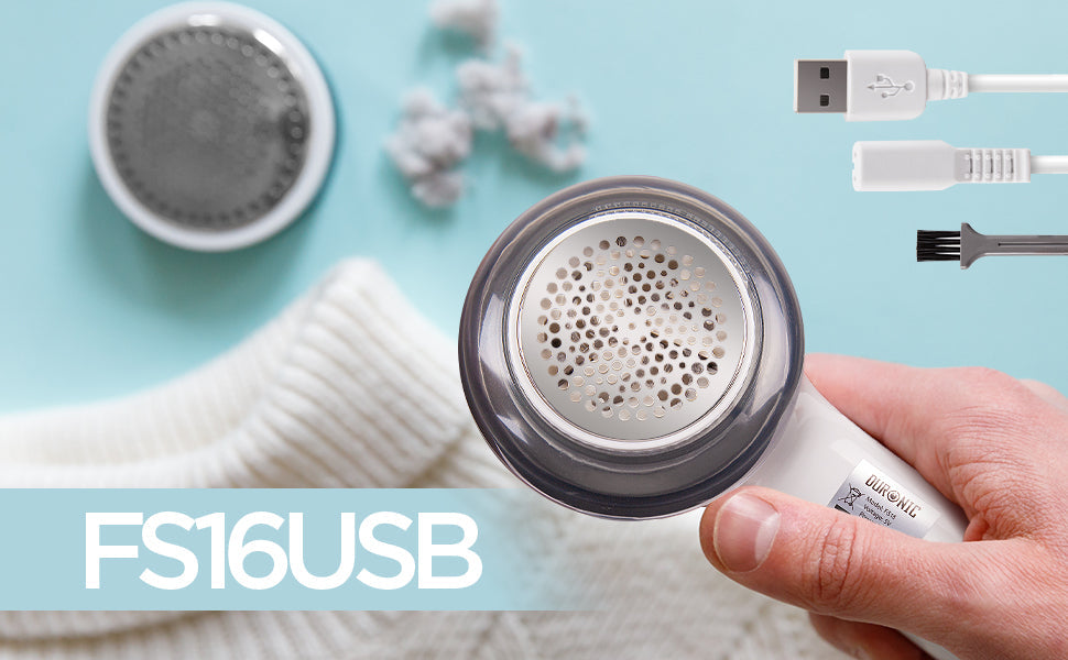 Duronic FS16USB electric fabric shaver removing lint from a sweater