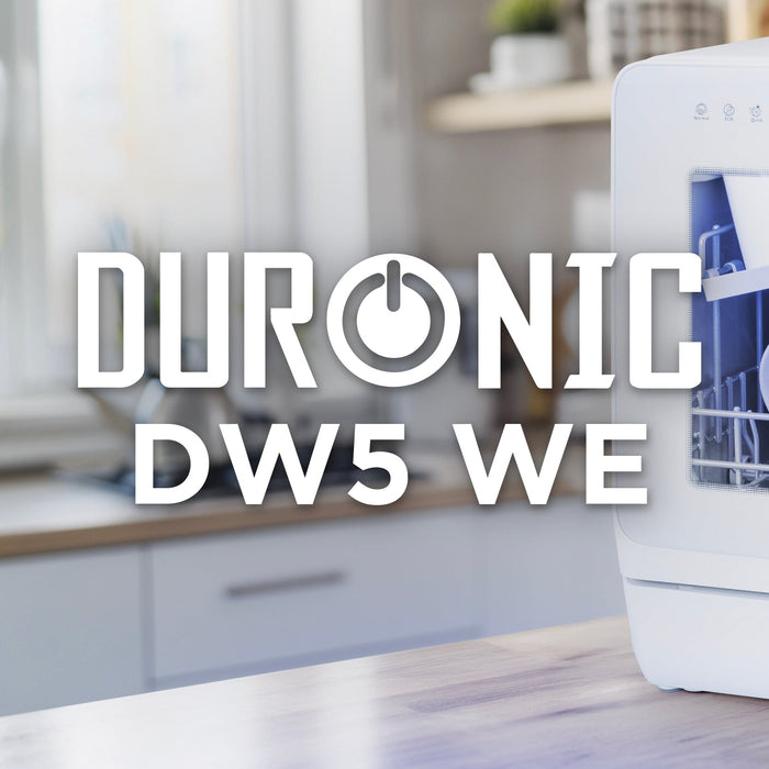 Aesthetic kitchen countertop with the Duronic DW5 WE compact white dishwasher cleaning dishes