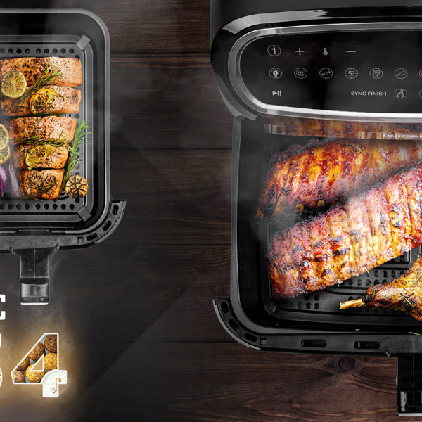 Duronic AF34 10L dual drawer air fryer with two cooking compartments, showing roasted chicken, vegetables and crispy food