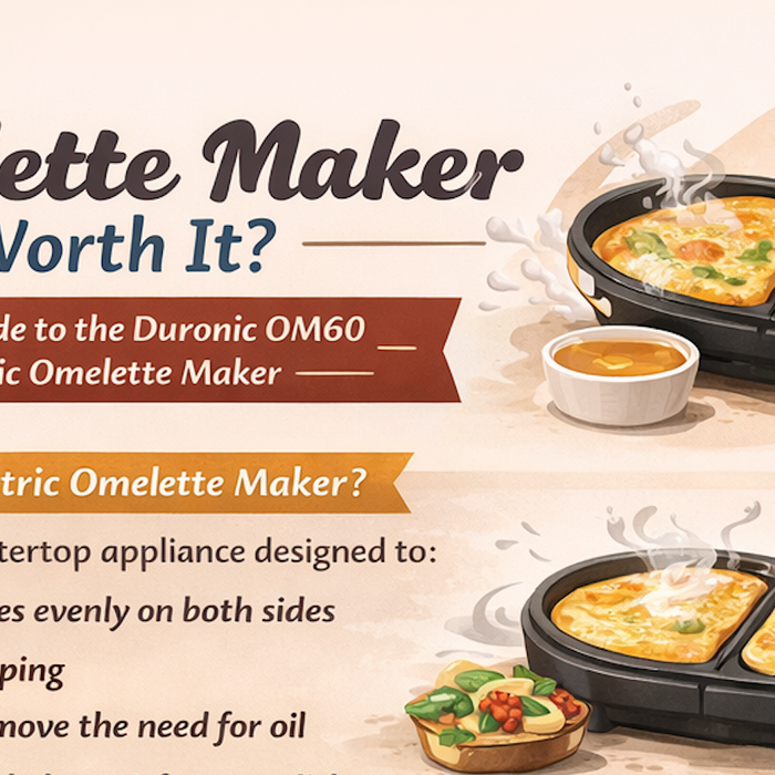 Duronic OM60 electric omelette cooker showcasing what it is designed to do