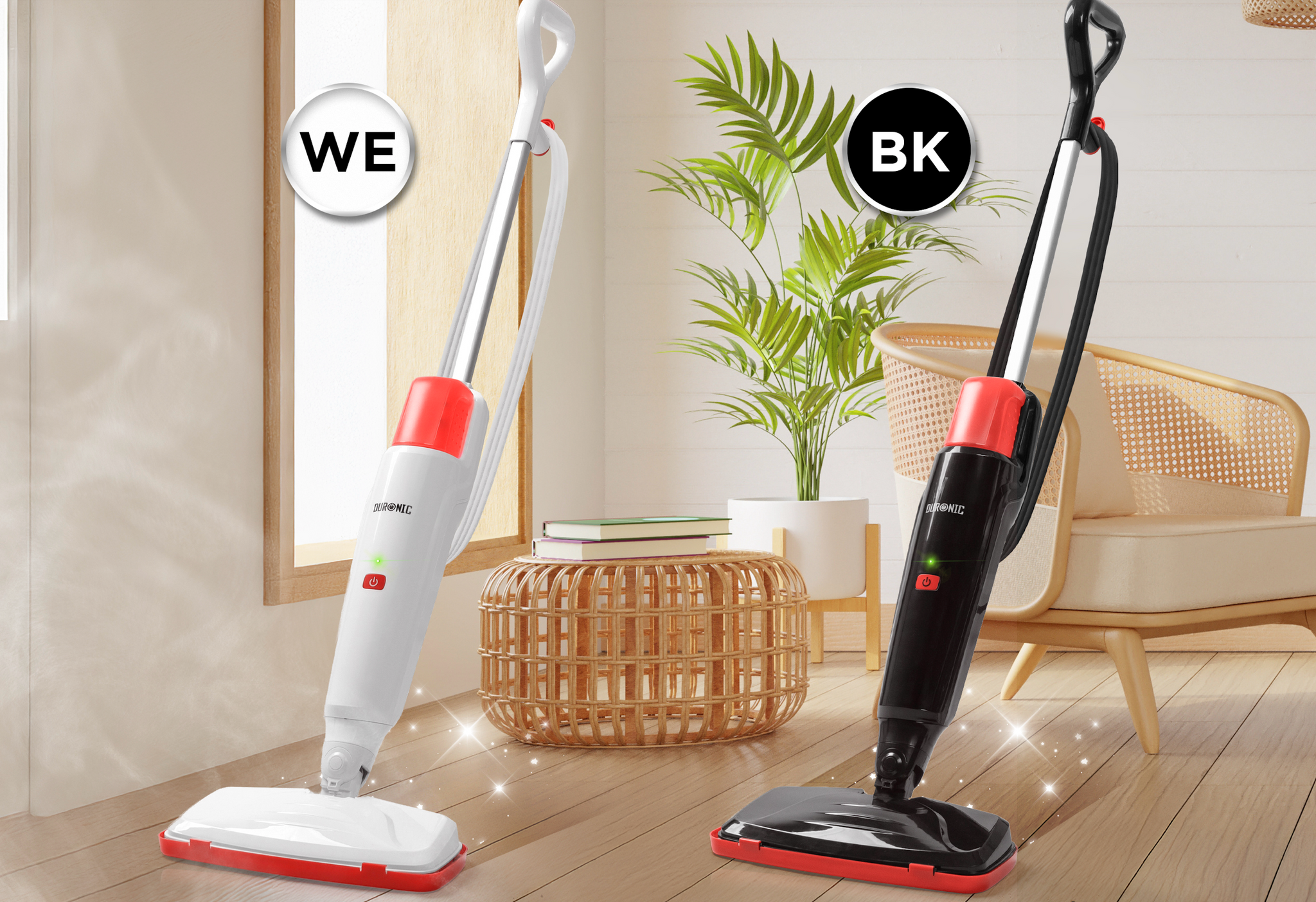 Duronic STM15 electric steam mop aesthetically shown together in living room