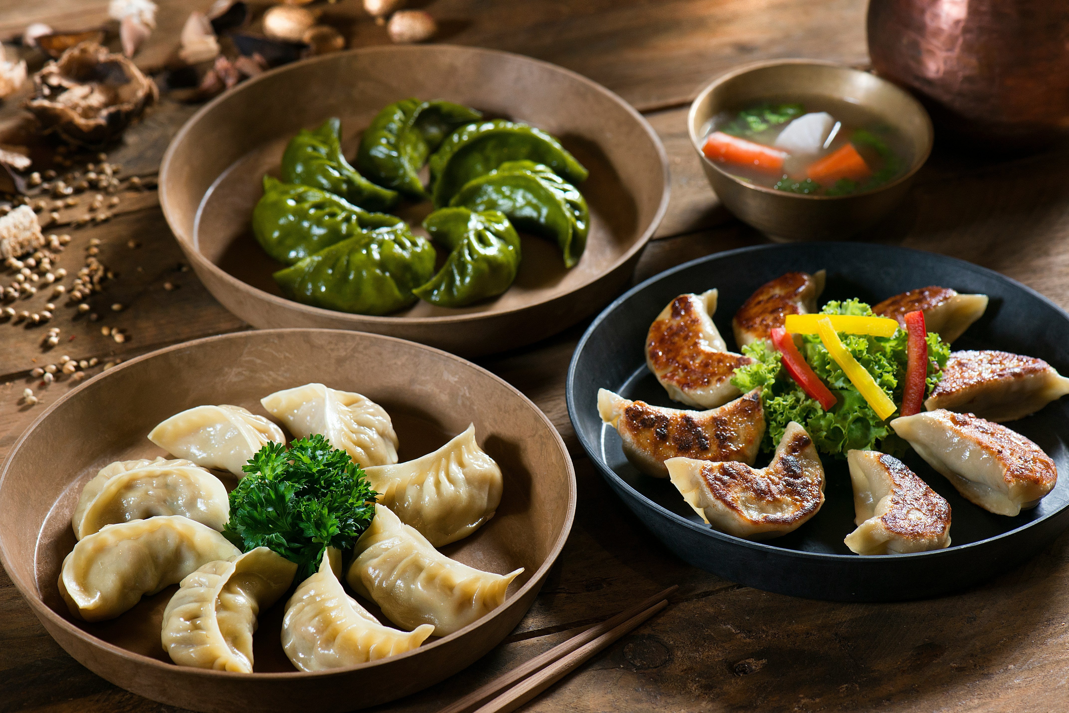 Various dumplings made using the Duronic FS95 electric food steamer