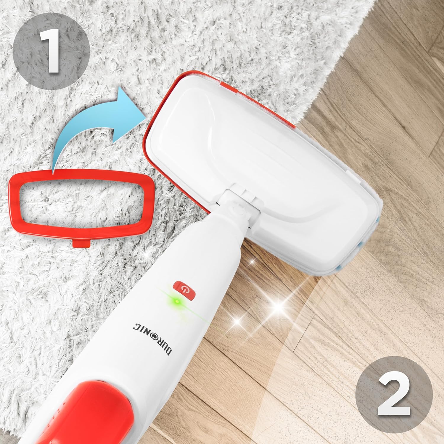 Duronic STM15 steam mop cleaning a laminate floor with reusable microfibre pads