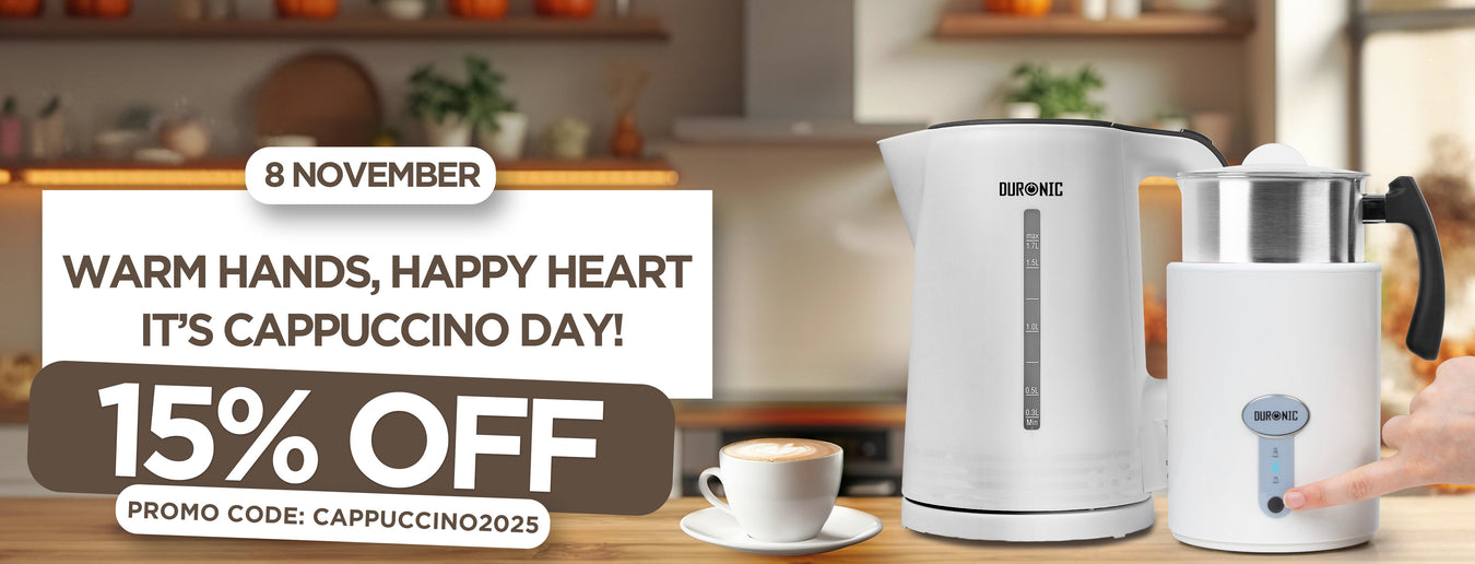 National Cappuccino Day 2025 featuring the Duronic electric kettle and electric milk frother