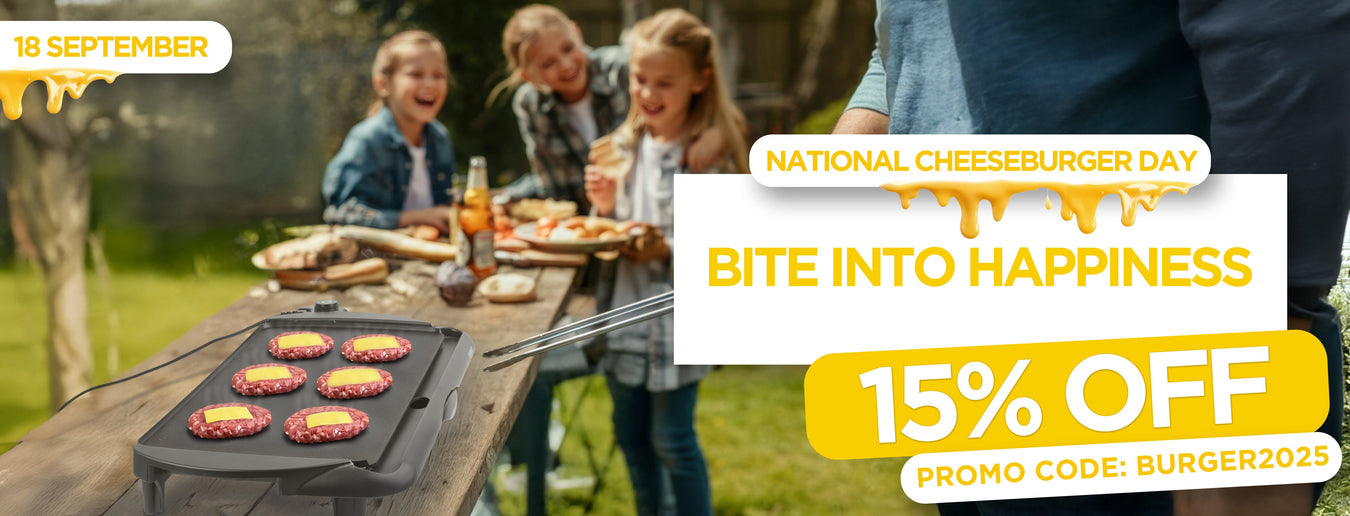 National Cheeseburger Day 2025 showcasing Duronic GP20 teppanyaki grill