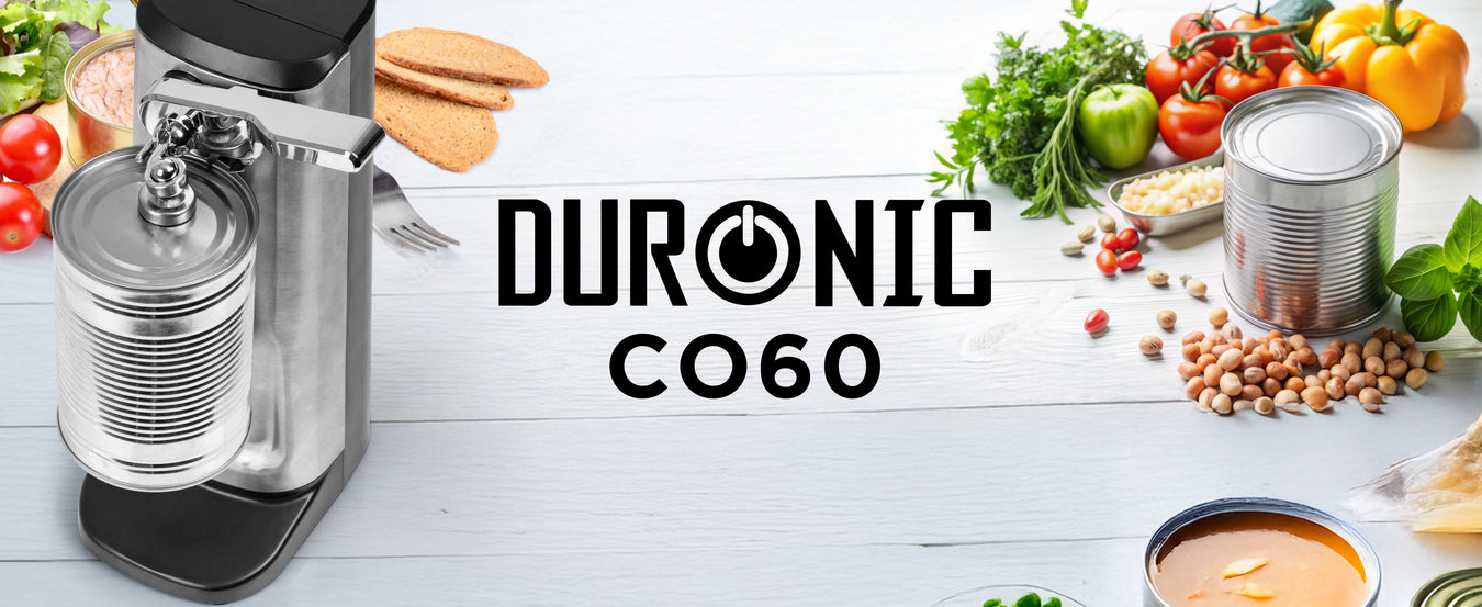 Duronic CO60 automatic electric can opener shown opening a tin hands-free, for breakfast, lunch or dinner