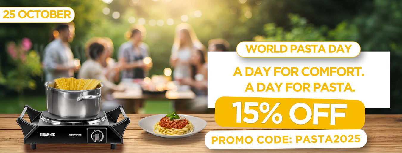 World Pasta Day 2025 featuring the Duronic HP1 BK electric hot plate
