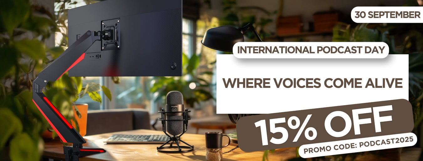 International Podcast Day 2025 showcasing a Duronic desk mount and a microphone