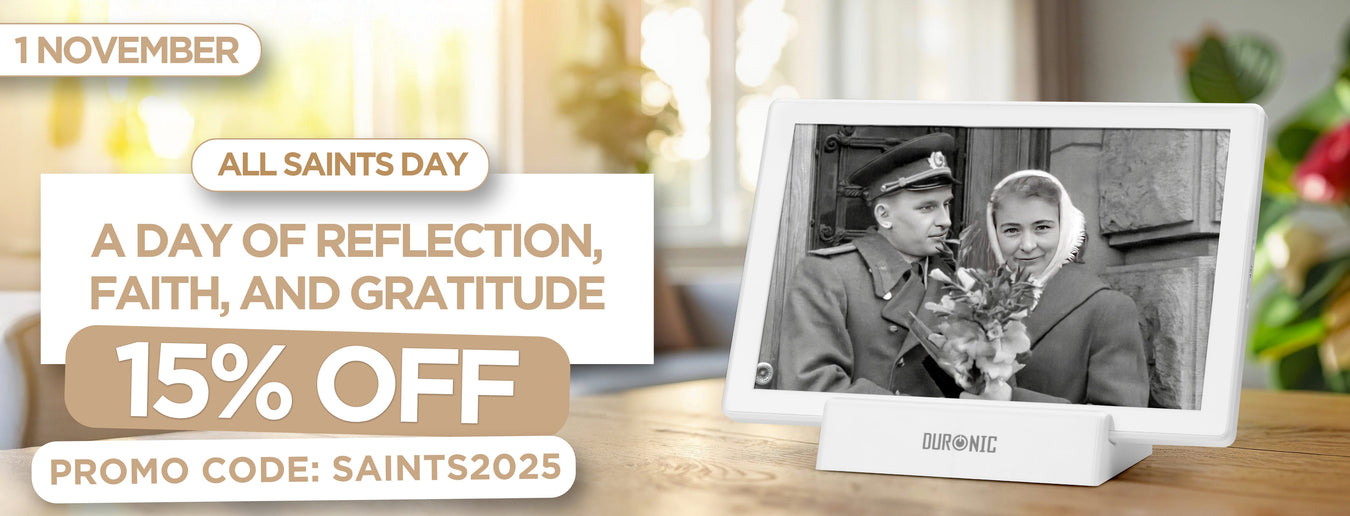 All Saints Day 2025 being promoted using the Duronic PF1D WE digital photo frame
