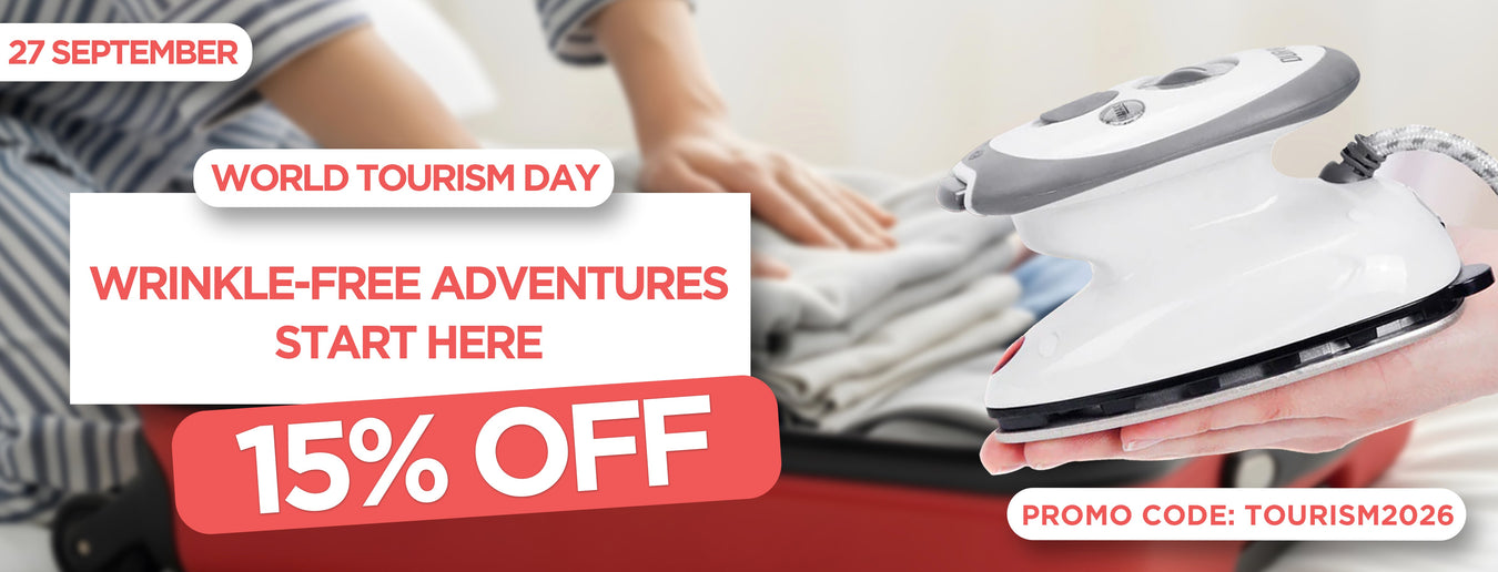 World Tourism Day 2026 showcasing 15% off featuring Duronic products like the SI2 WE travel iron