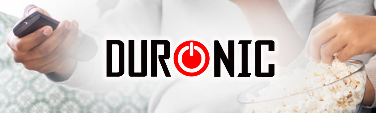 Couple eating popcorn and watching TV using the Duronic TV bracket for wide screen TVs