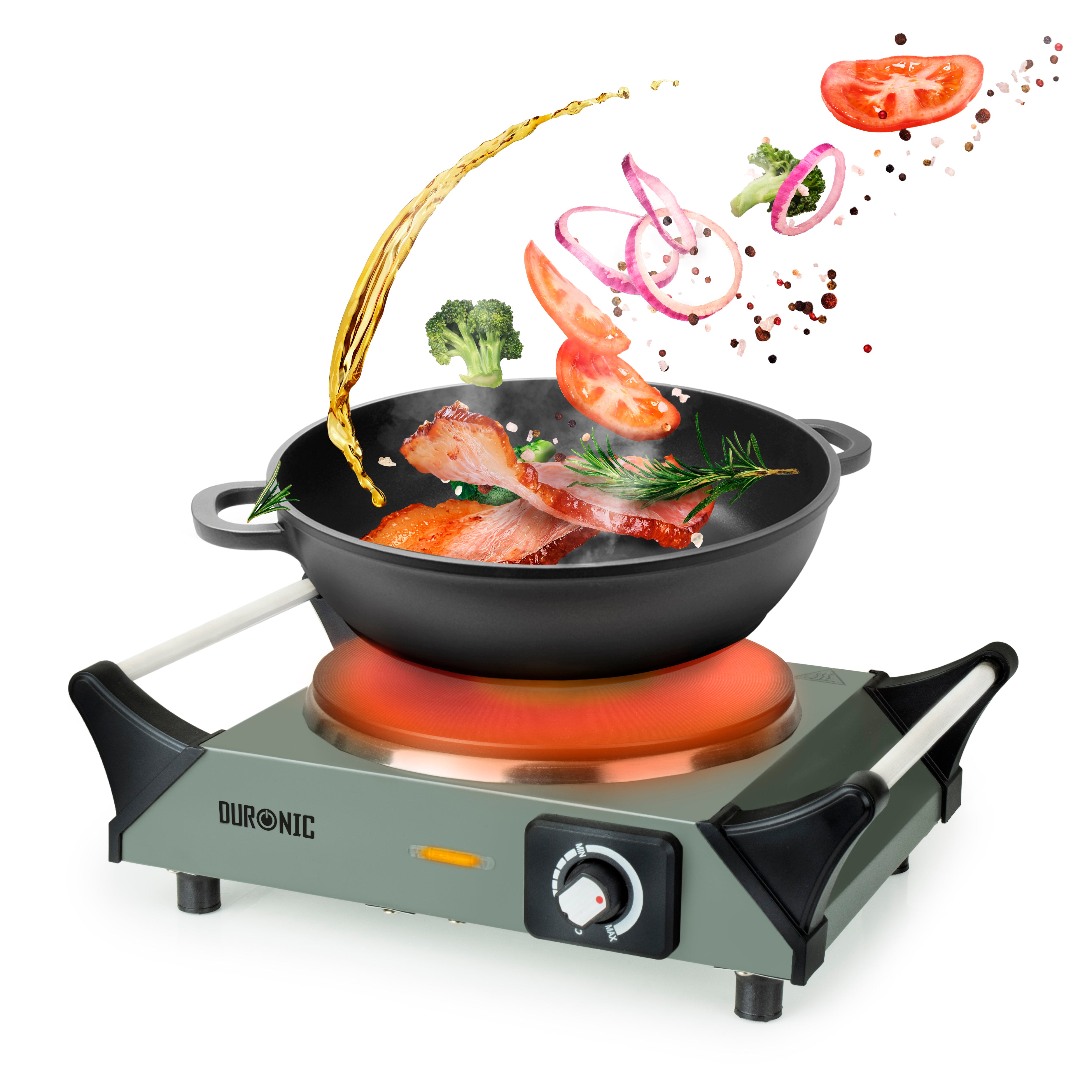 Duronic Electric Hot Plate HP1 GG, 1500W Single Burner Hob, Portable Table Top Cooker with Cast Iron Ring & Cool-Touch Handles for Camping, Caravans, Home, Small Kitchens, Grey Green