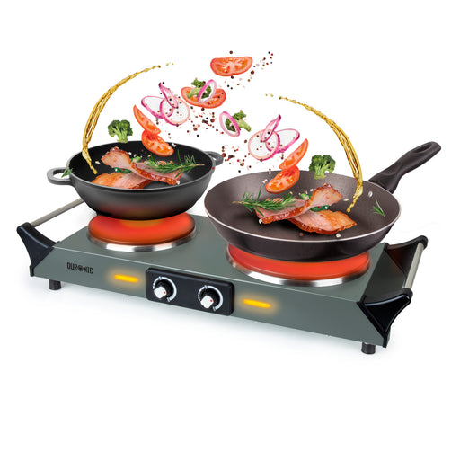 Duronic Electric Hot Plate HP2 GG, 2500W Double Burner Hob, Portable Table Top Cooker with Cast Iron Ring & Cool-Touch Handles for Camping, Caravans, Home, Small Kitchens, Grey Green