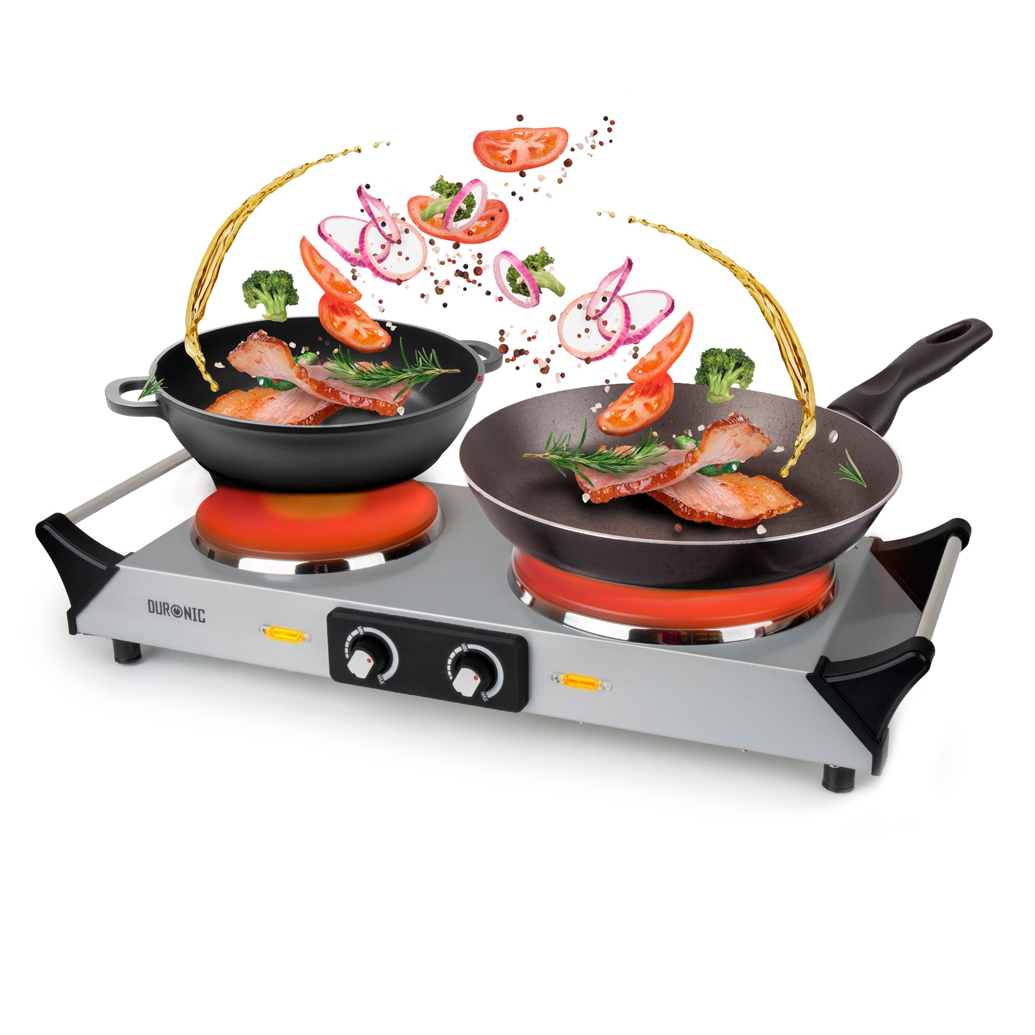 Duronic Electric Hot Plate HP2 SR, 2500W Double Burner Hob, Portable Table Top Cooker with Cast Iron Ring & Cool-Touch Handles for Camping, Caravans, Home, Small Kitchens, Silver