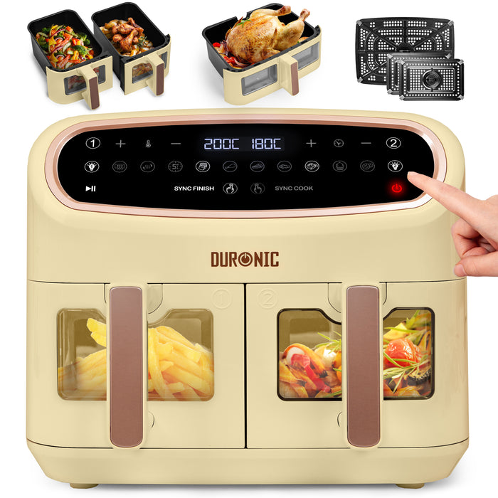 (LIMITED EDITION) Duronic AF34 SG XXL Triple Drawer Air Fryer, 10L Digital Family Size Air Fryers 10in1 Dual Zone Extra Large Oil Free Cooker for Family Cooking with Dishwasher Safe Non-Stick Baskets Sandstone & Gold