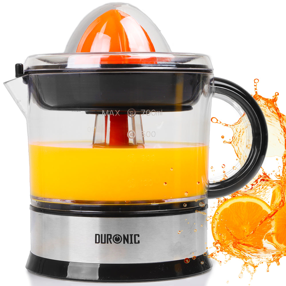 Duronic Electric Citrus Juicer JE407, 2 Sized Lemon Squeezer Cones, 40W Citrus Press with Adjustable Pulp Filter, 700ml Capacity, Ideal for Fresh Citrus Juice Oranges Lemons