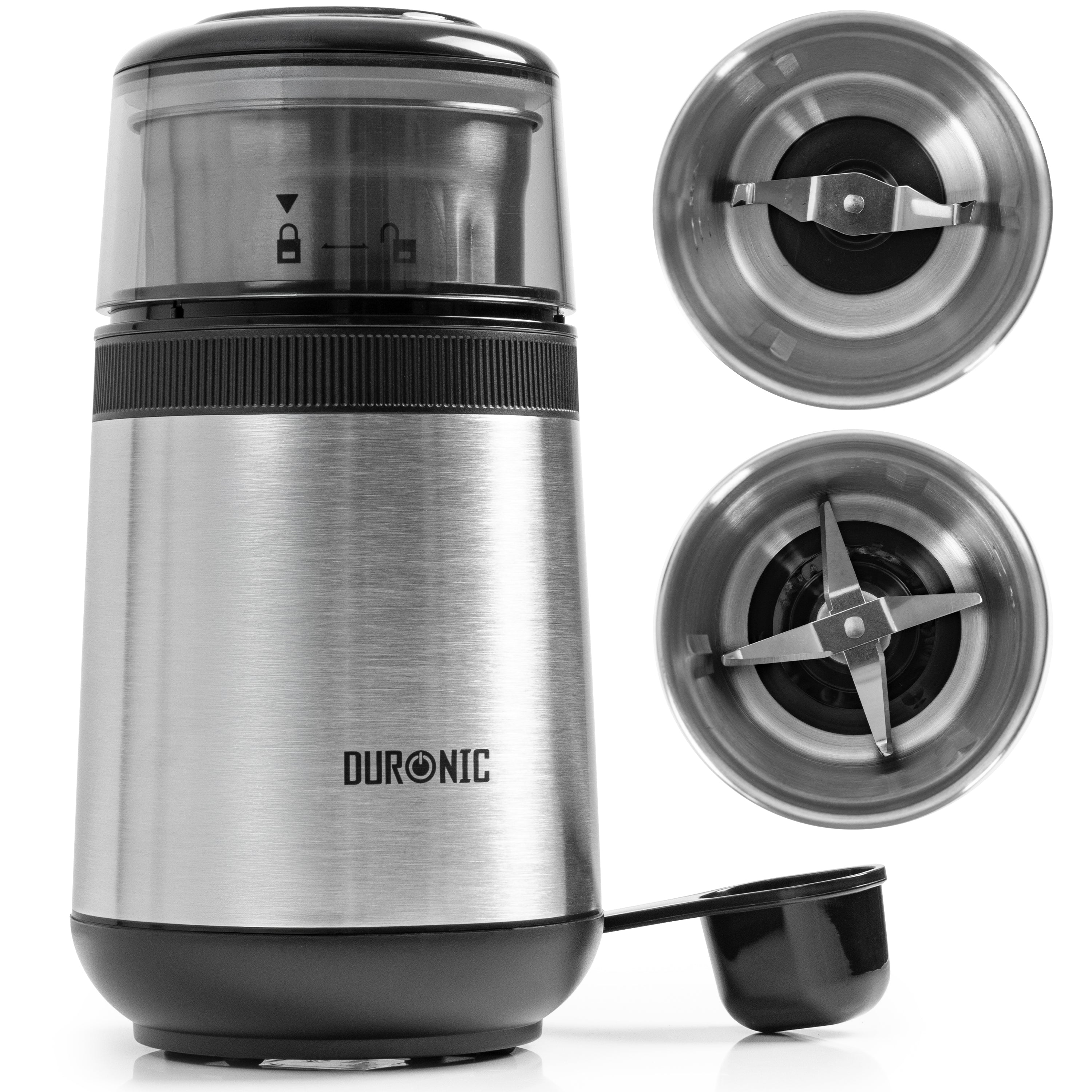 Duronic CG355 Electric Coffee Grinder, 220ml Spice Mill, Stainless Steel, Fast One-Touch Grinding with Separate Dry and Wet cups for Coffee, Spices, Nuts, Seeds, Pastes and Sauces, 150W