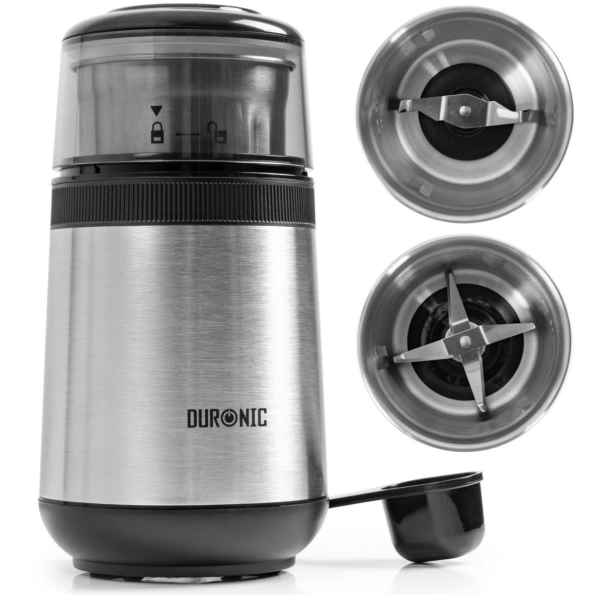Duronic CG355 Electric Coffee Grinder, 220ml Spice Mill, Stainless Steel, Fast One-Touch Grinding with Separate Dry and Wet cups for Coffee, Spices, Nuts, Seeds, Pastes and Sauces, 150W
