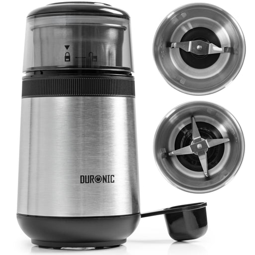 Duronic CG355 Electric Coffee Grinder, 220ml Spice Mill, Stainless Steel, Fast One-Touch Grinding with Separate Dry and Wet cups for Coffee, Spices, Nuts, Seeds, Pastes and Sauces, 150W