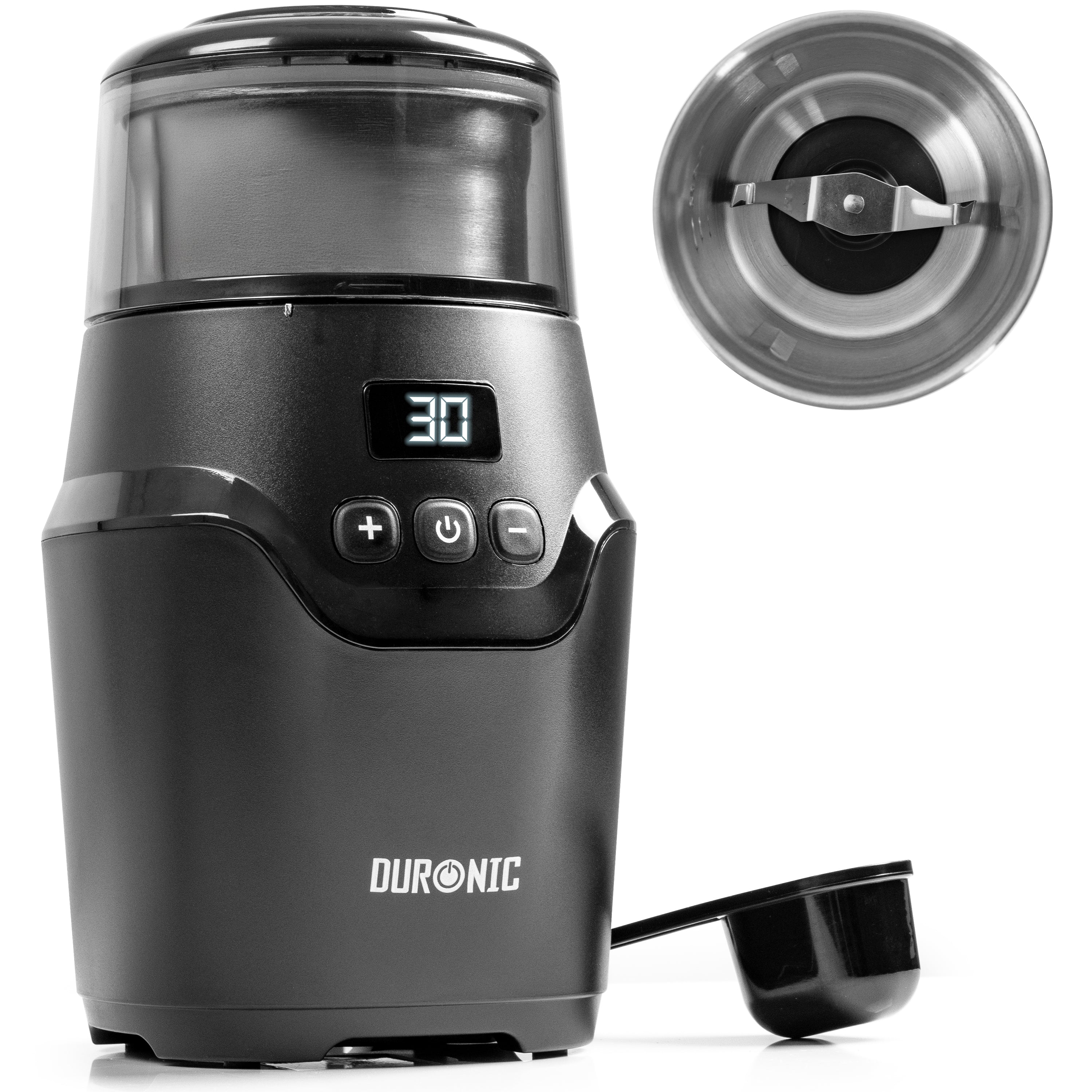 Duronic CG550 Electric Coffee & Spice Grinder, 220ml Cup, Adjustable Timer, Fast Blade Grinder Push-button control, Ideal for Coffee Beans, Dry Spices, Seeds & Nuts with Silicone-Lined Lid, 150W, Black