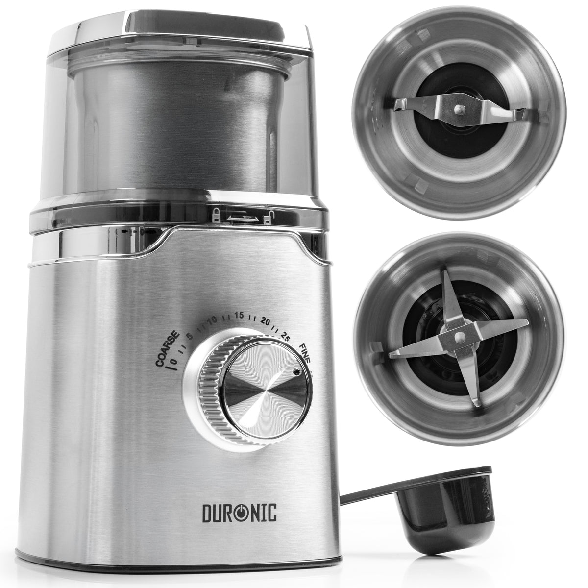 Duronic CG655 Electric Coffee Grinder with Wet & Dry Cups, 220ml, Silver, Metal Spice Mill, Adjustable Coarseness, Push Pulse, Silicone Seal, for Coffee Beans, Spices, Nuts, flaxseeds, 150W