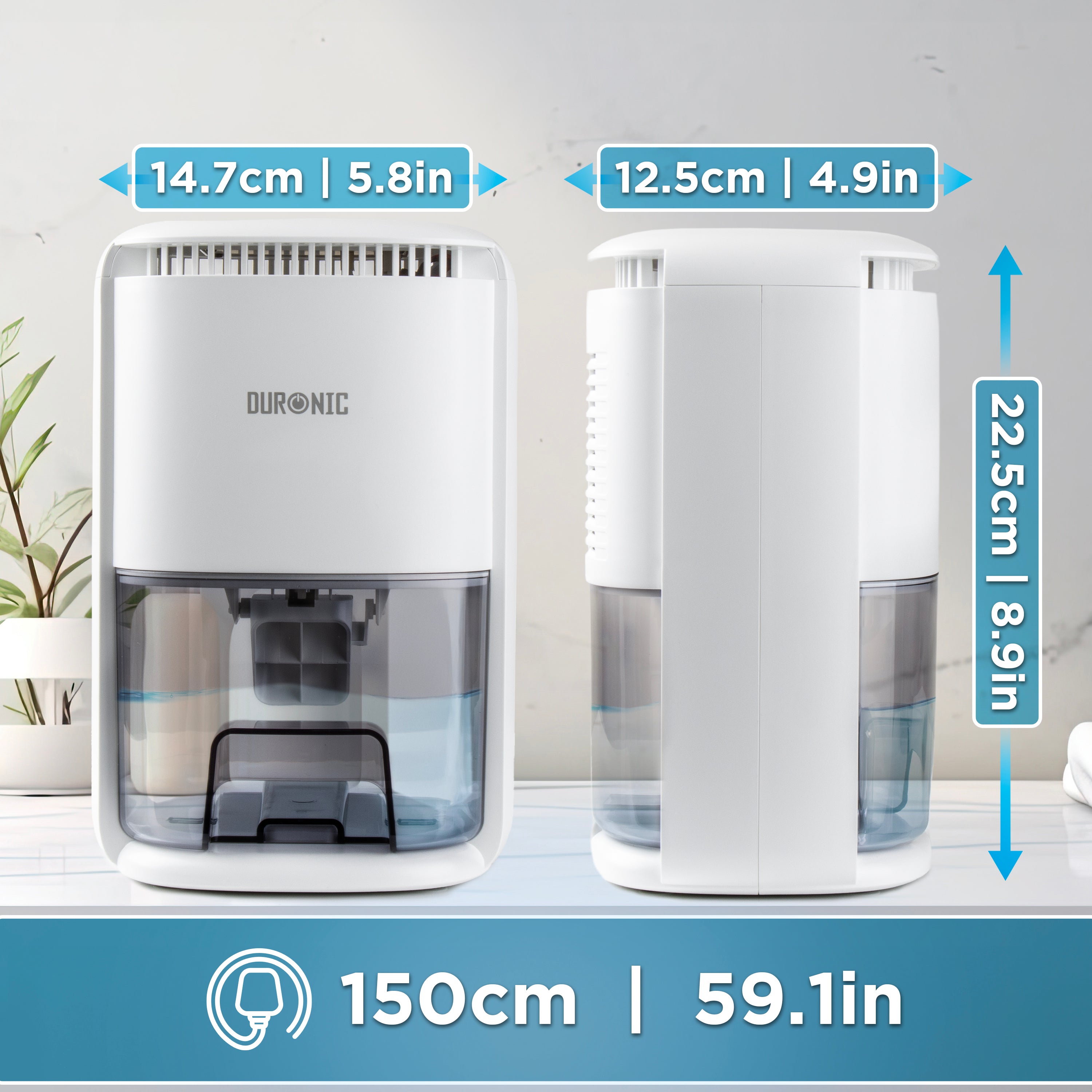 Duronic DH07 WE Mini Dehumidifier, 22.5W Compact Dehumidifier, Automatic Moisture Remover with 1L Tank Capacity, Quiet Home Dehumidifiers for Dust Allergies Asthma & Damp, Bedroom and Bathroom White