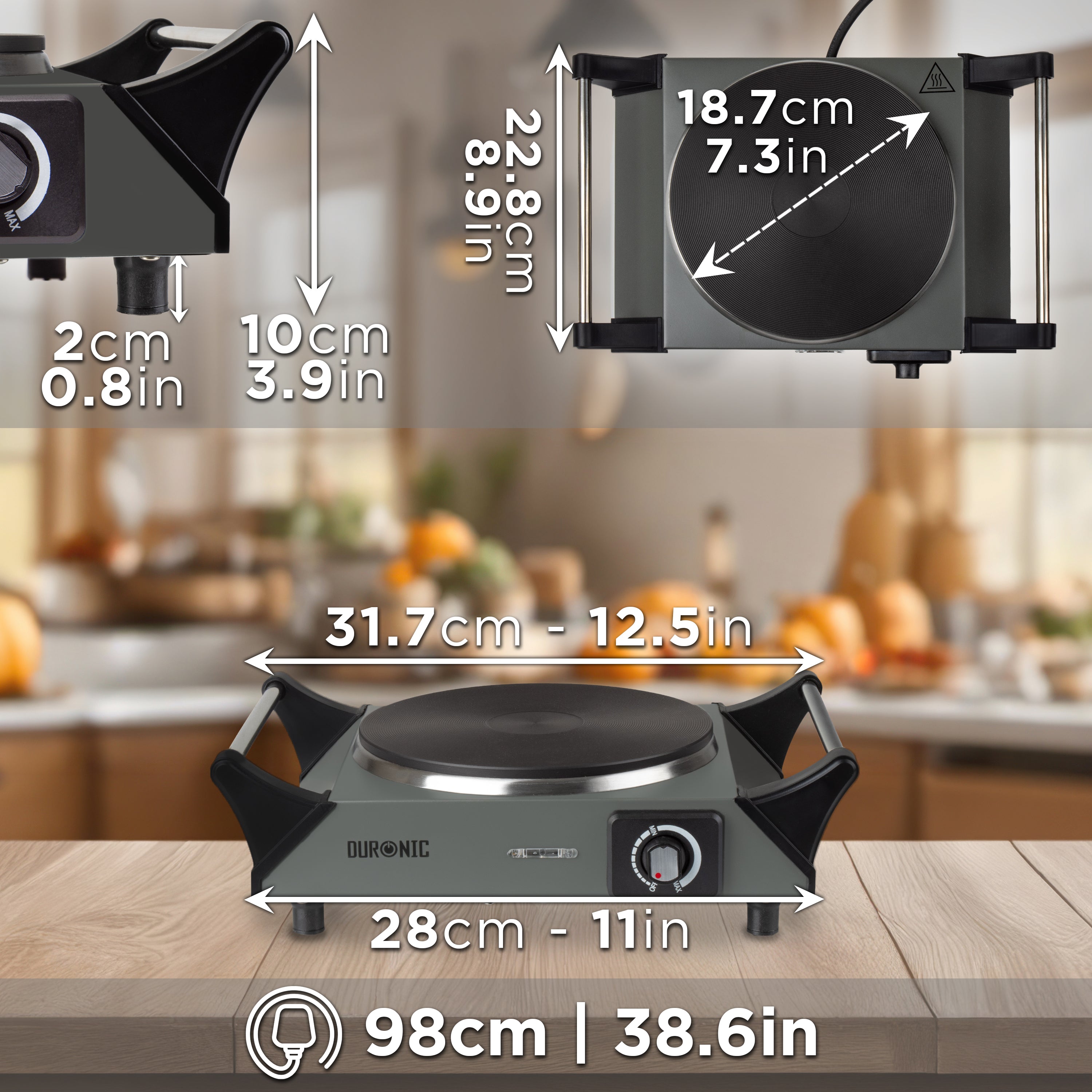 Duronic Electric Hot Plate HP1 GG, 1500W Single Burner Hob, Portable Table Top Cooker with Cast Iron Ring & Cool-Touch Handles for Camping, Caravans, Home, Small Kitchens, Grey Green