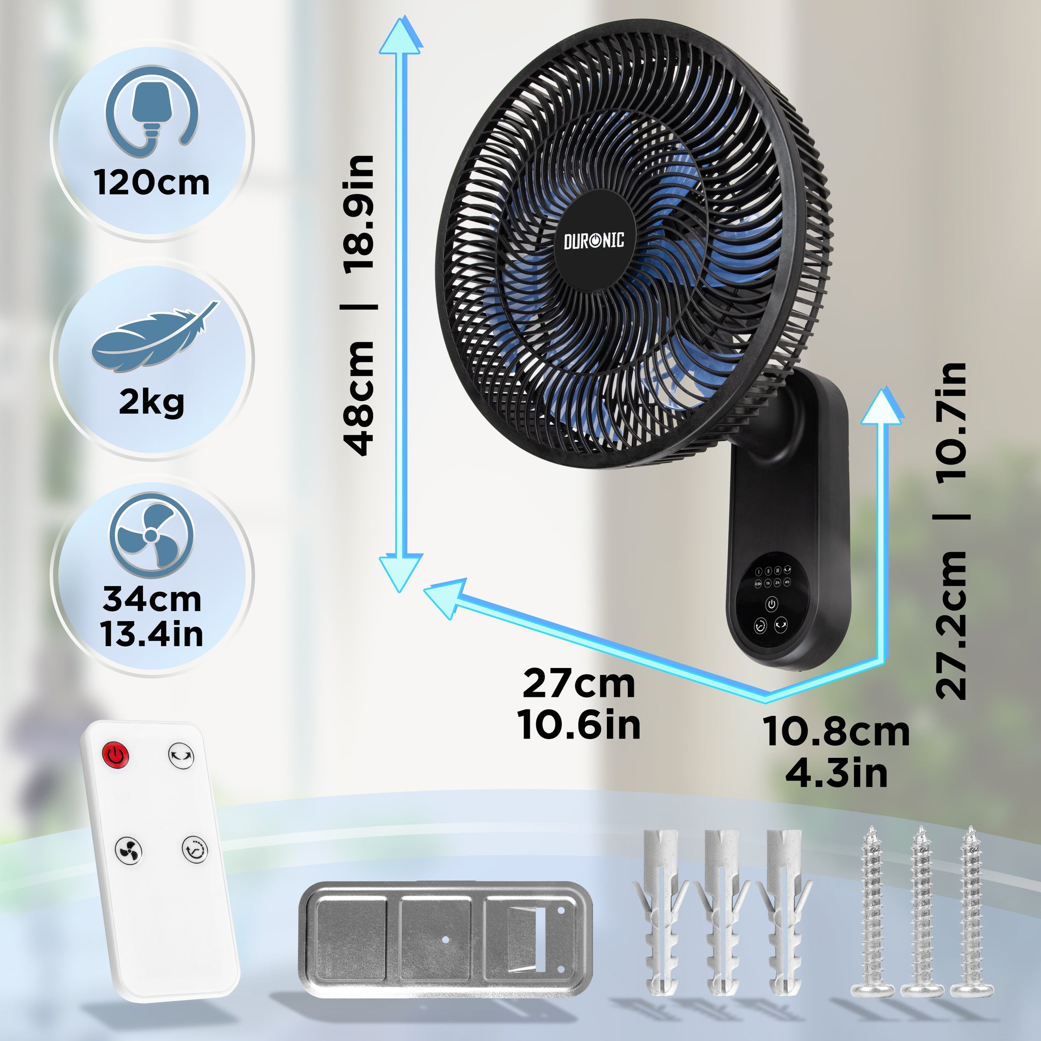 Duronic FN12 BK Wall Mounted Fan with Remote Control 50.4dB Quiet Cooling Fan with 3 Speed Settings, 60° Oscillation, 7.5H Timer for Home, Office, Bedroom & Kitchen Black