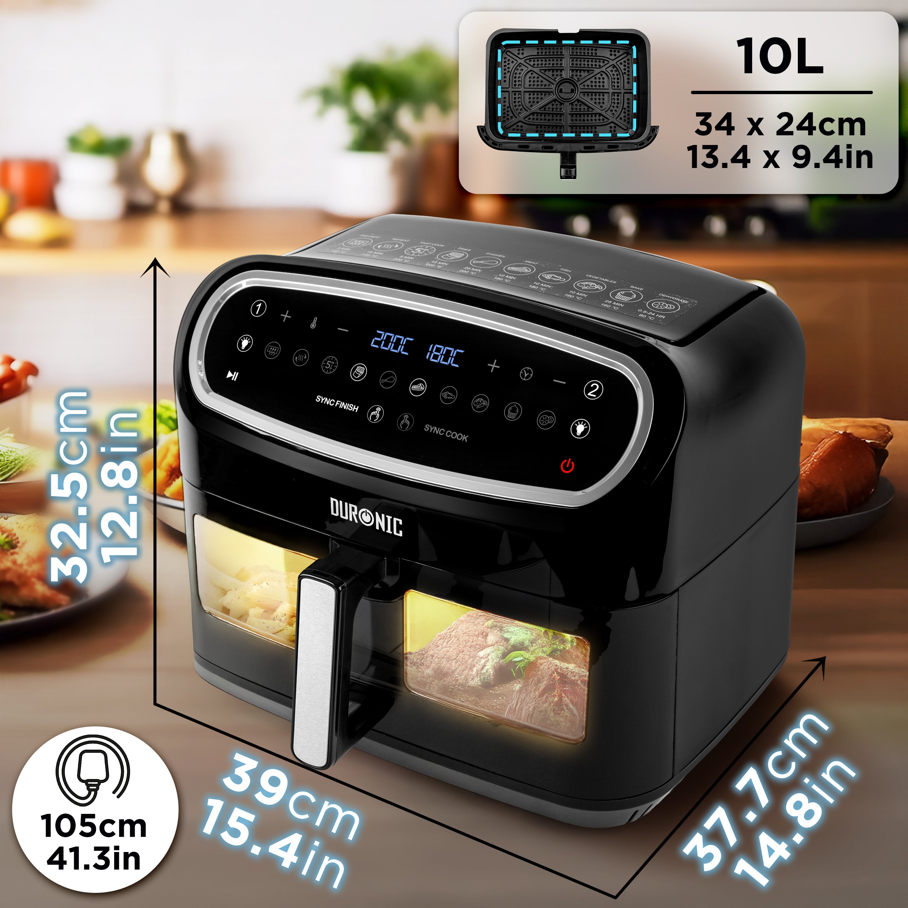 (LARGE SINGLE DRAWER MODEL) Duronic XXL Digital Air Fryer AF14 BK 10L Family Size Air Fryers 10in1 Dual Zone Extra Large AirFryer with window for Family Cooking with Dishwasher Safe Non-Stick Basket Black