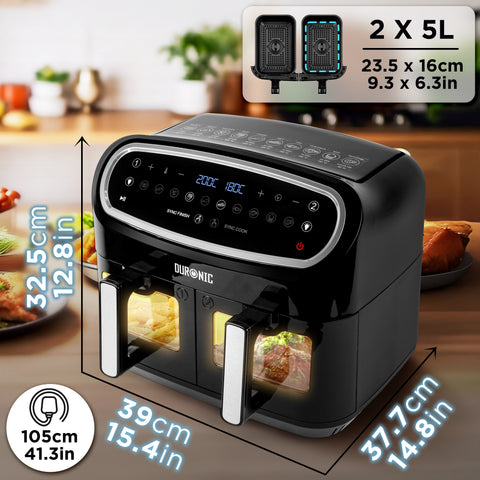 (TWO DRAWER MODEL) Duronic AF24 BK Dual Air Fryer, 10L Large Capacity Digital Air Fryer with Dual Zone Baskets, 10 Cooking Presets, Sync Cook & Finish, 2400W Fast Cooking, Viewing Window, Dishwasher-Safe – Family Size