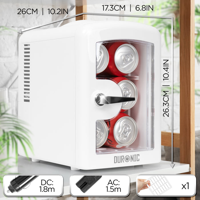 Duronic MFW4 WE Mini Fridge Warmer 4L Personal Refrigerator 6 Can Portable Drinks Cooler and Food Warmer, Skincare Fridge for Face Masks, AC/DC Small Fridges for Bedroom Home Office Car White