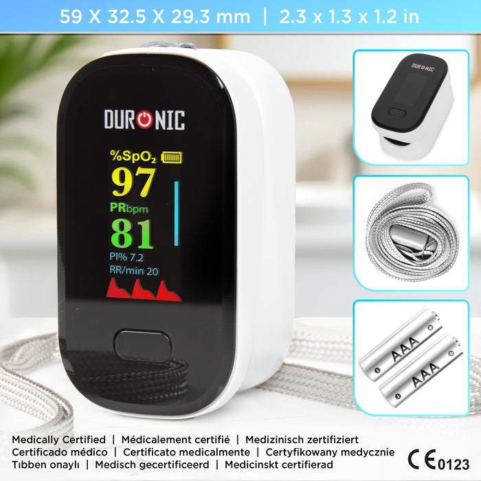 Duronic Finger Pulse Oximeter OX02 Blood Oxygen Saturation & Pulse Rate Monitor CE Certified SpO2 Fingertip Monitor for Home Use Portable Latex Free Oximeters with Digital Display & Lanyard