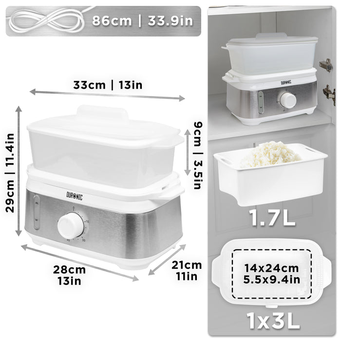 Duronic FS91 WE White Electric Food Steamer, 3L Steam Cooker with Rice Bowl & 60-Min Timer, 950W BPA-Free Countertop Vegetable Steamer for Fish, Meat, Rice, Eggs, Dumplings, Momos & Baby Food