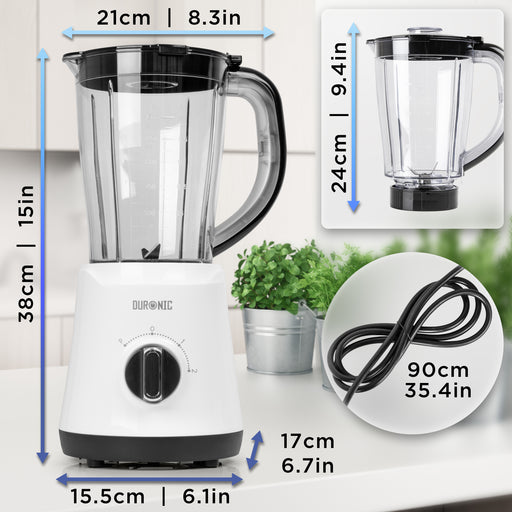 Duronic Jug Blender BL16 Electric Blenders 1.5L Blender for Smoothies Protein Shakes Baby Food & Soups 500W Smoothie Maker Kitchen Food Blenders with Removable Blades Soup Makers with Pulse Feature