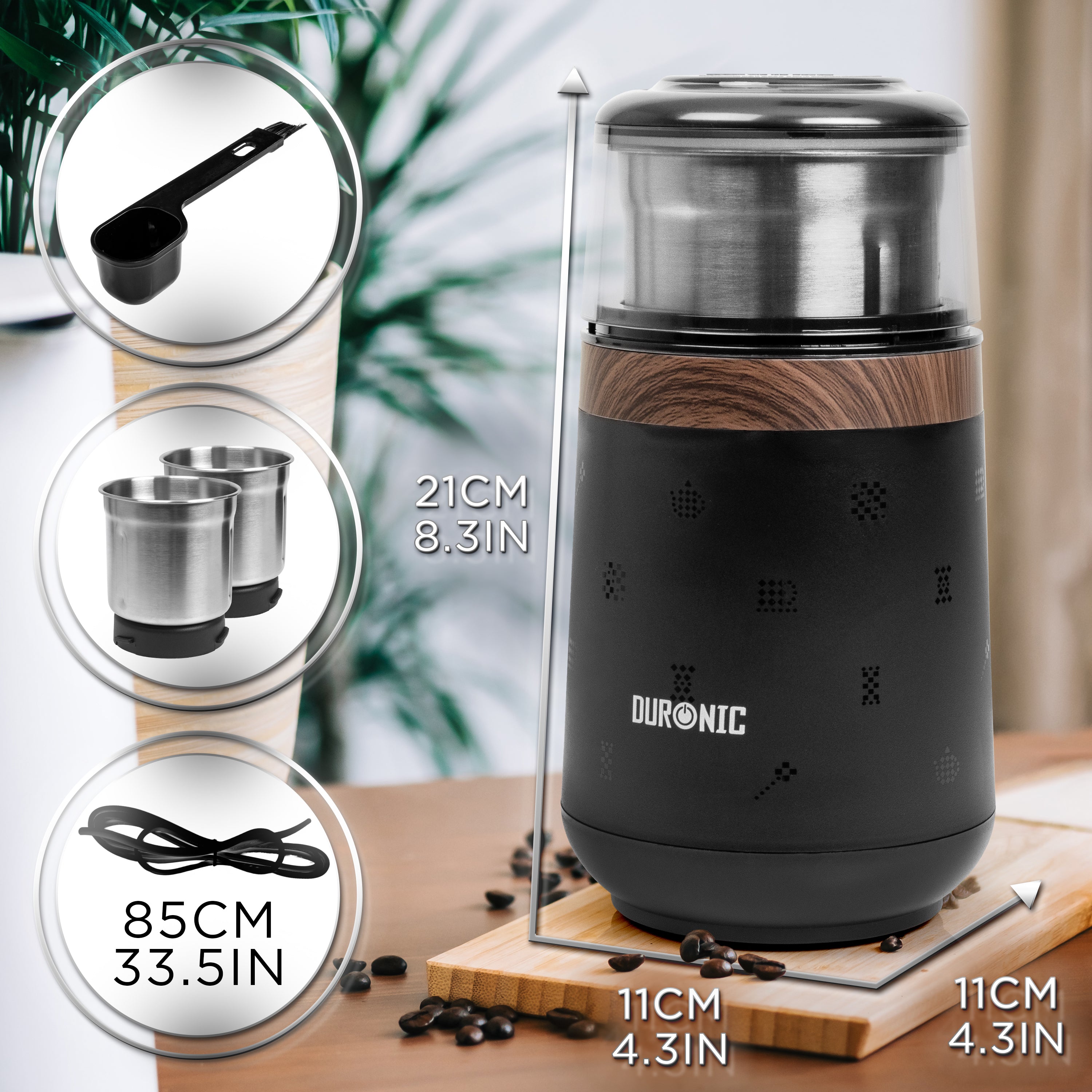 (INCLUDES 2 CUPS) Duronic CG155 Electric Coffee Grinder, 220ml Wet & Dry Spice Mill, Brown, Fast One-Touch Grinding with Dry and Wet cups for Coffee, Spices, Nuts, Seeds, Pastes and Sauces, 150W