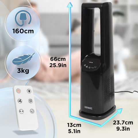 Duronic FN72 BK Tower Fan with Remote Control, 60W Bladeless Cooling Fan, 3 Speed Settings, 70° Oscillation, 12H Timer for Home Office, Bedroom & Kitchen