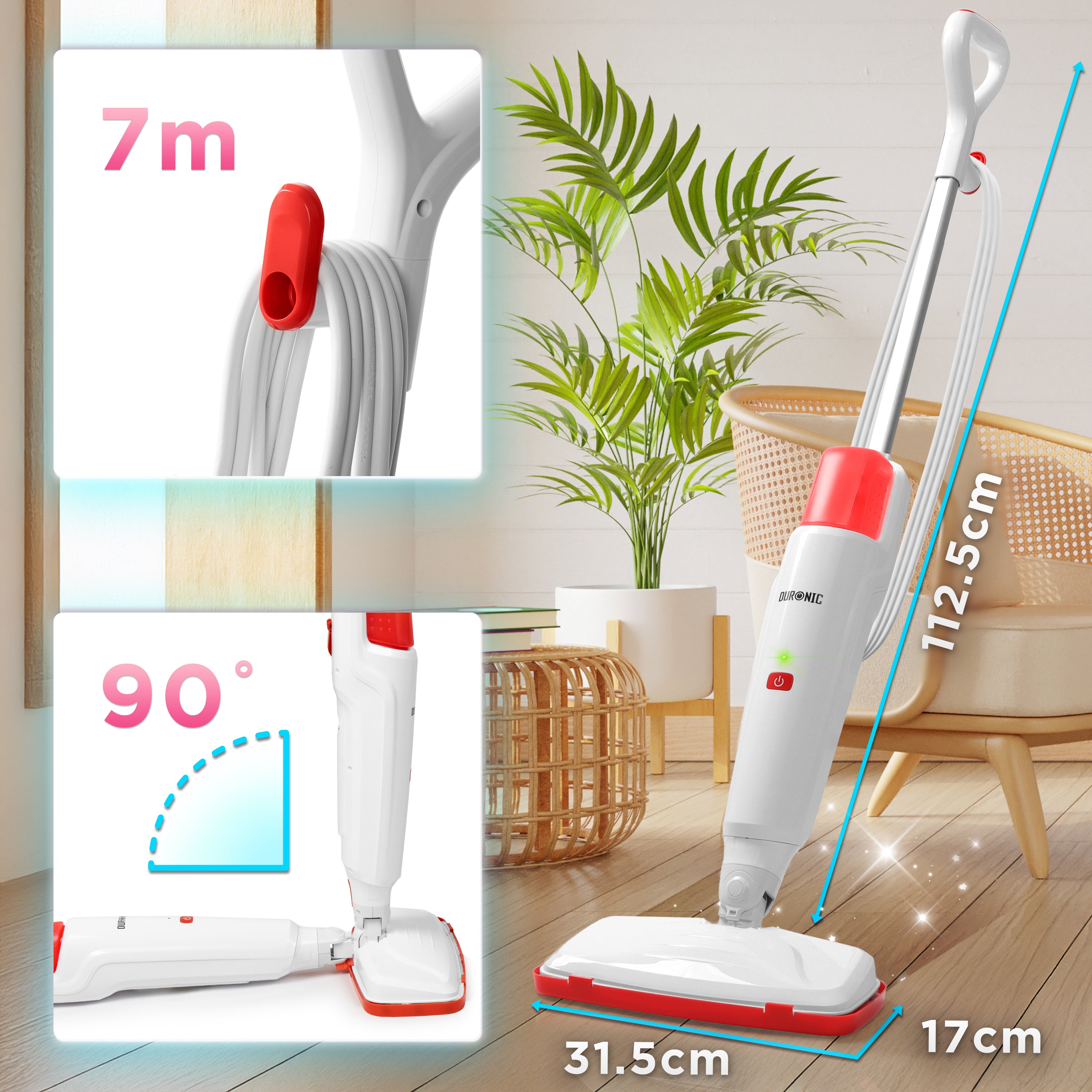Duronic Electric Steam Mop STM15 WE 1500W Chemical Free Steamer Mops with 500ml Water Tank Automatic Upright Steam Cleaner Mop for Hard Floors Carpet Germ & Bacteria Removal White