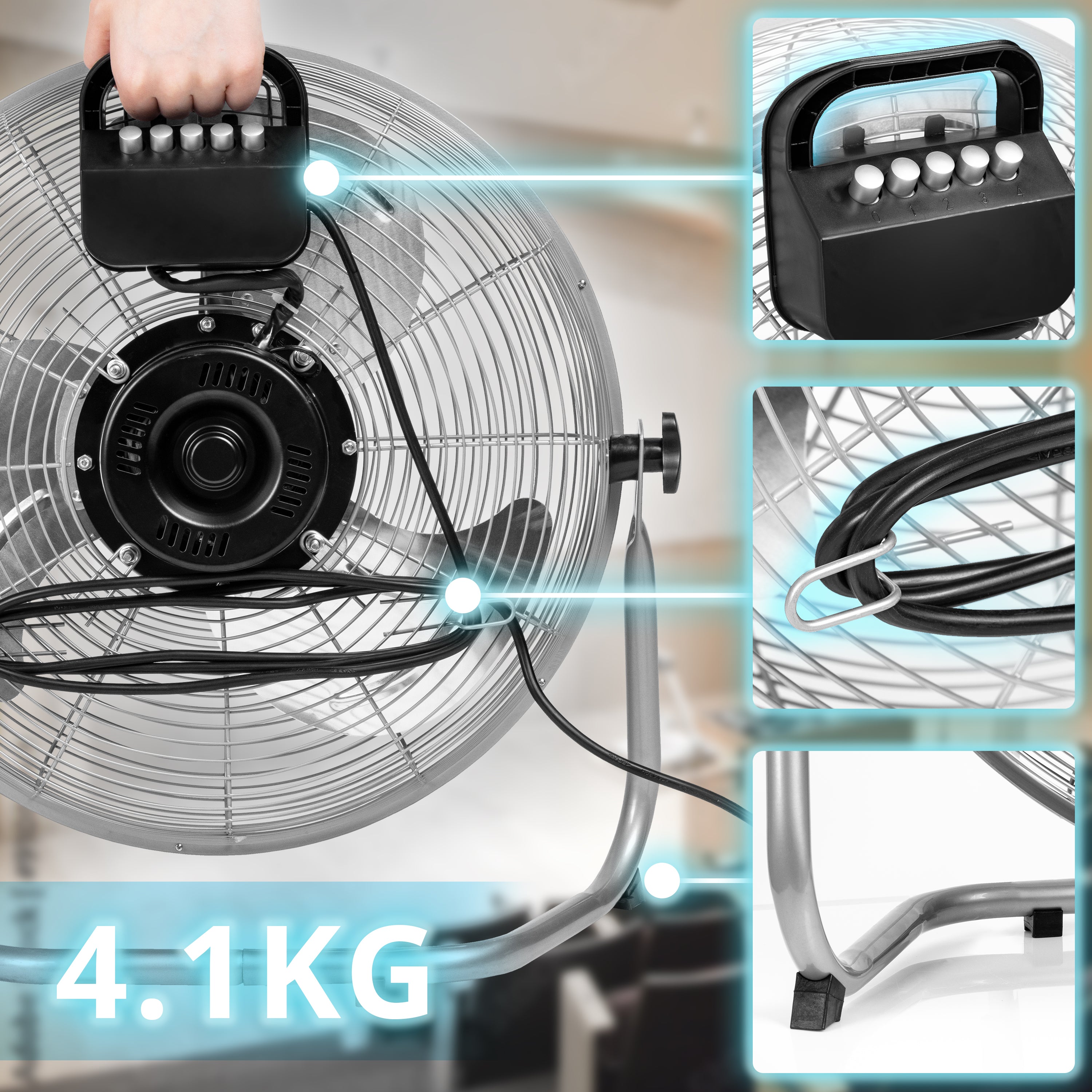 Duronic Floor Fan FN16, Electric Cooling Fan, Portable Pedestal Stand, Lightweight Adjustable Tilt, 3 Chrome Blades, 4 Speeds, High Velocity Industrial Floor Standing Fan for Home Bedroom Office Gym