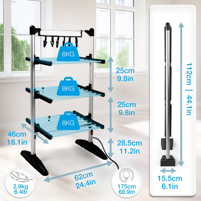 Duronic CA20 BK Electric Clothes Airer 3 Tier Heated Indoor Laundry Drying Rack with Washing Pegs 202W Foldable Sock Hanger Lightweight Garment Dryer Stand for Hats Gloves Small Spaces Home